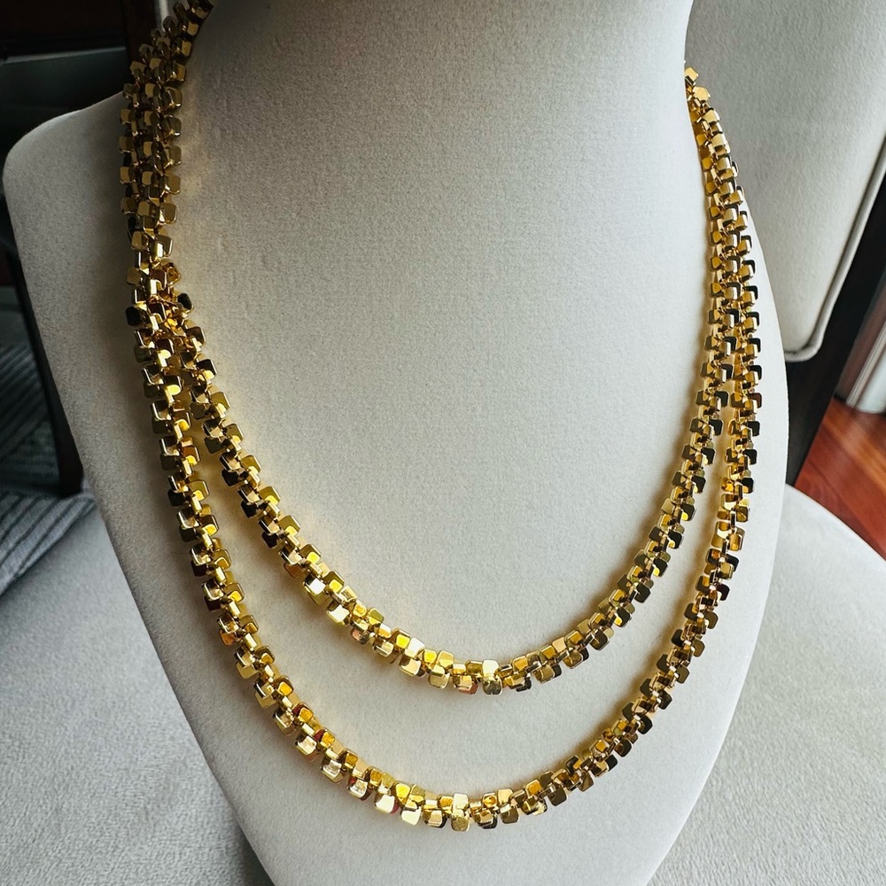 Vintage Gold Tone Square Link Long Chain Necklace 36” Opera Length Statement
